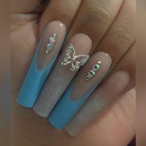 Extra long square blue Press on nails glitter French tips rhinestones ombré gel
